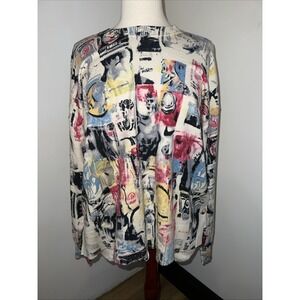 Woman's Charlie B Printed Side Button Crew Cartoon Sweater Size XL EUC